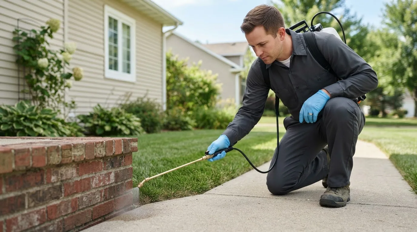 Pest control technician treating a home near Everly, IA
