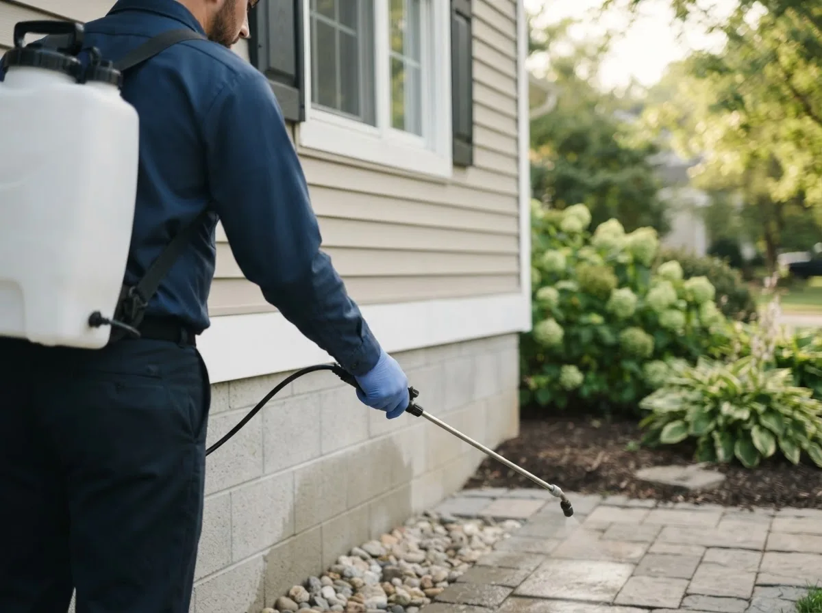 Pest control technician inspecting a home in Everly, IA